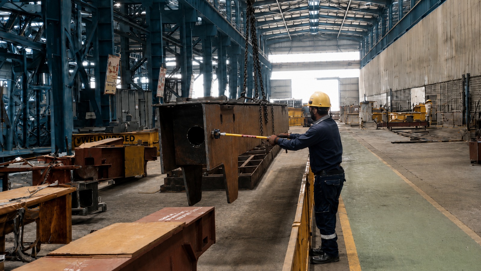 Worker using a PSC Load-It MagHead tool to guide a suspended fabricated steel load from a safer working distance